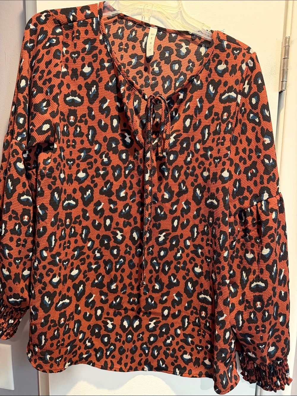 mts Rust Leopard-Print Tie-Neck Blouse